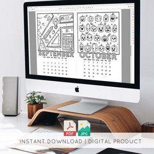 May include: A digital printable calendar displayed on a computer screen. The calendar features black and white illustrations for September and October, with school-themed images and pumpkin faces. The words "SEPTEMBER" and "OCTOBER" are visible. The image also includes the text "INSTANT DOWNLOAD | DIGITAL PRODUCT".