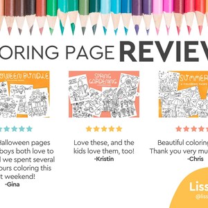 Puede incluir: La imagen presenta l&aacute;pices de colores sobre el texto "COLORING PAGE REVIEWS". Debajo, tres paquetes de p&aacute;ginas para colorear: Halloween, Jardiner&iacute;a de primavera y Verano, cada uno con rese&ntilde;as de clientes y calificaciones.