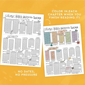 May include: Two Catholic Bible reading trackers with the text "Catholic Bible Reading Tracker". The trackers are white with black text and colourful circles to mark chapters read. The text "No dates, no pressure" is at the bottom.