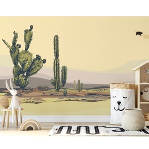 Desert Landscape with Cactus Wallpaper, Removable Wallpaper, Peel and Stick Wallpaper, Desert Wallpaper, Cactus Wallpaper, Wall Mural