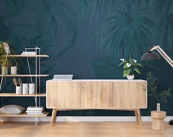 Dark Teal Tropical Wall Mural, Vintage Jungle Leaves Wallpaper, Moody Botanical Wall Art, Peel and Stick or Traditional Textured Decor