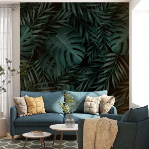 Textured Dark Tropical Leaves Wallpaper, Wall Mural Peel and Stick ...