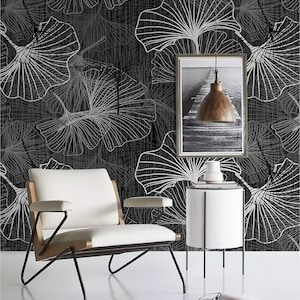 Custom Size Ginkgo Leaf Wallpaper, Peel and Stick Wallpaper, Ginkgo Wallpaper, Wall Mural, Black and White Wallpaper, Textured Wallpaper