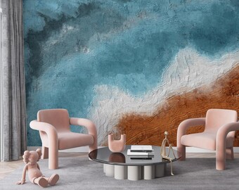 Modern Abstract Ocean Wave Wallpaper, Terracotta and Sky Blue Wall Mural, Easy Peel and Stick Wall Art for Interiors, Ocean View Wallpaper