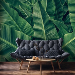 Custom Size Tropical Banana Palm Leaves Wallpaper, Peel and Stick Wallpaper, Removable wall mural, Wall Art