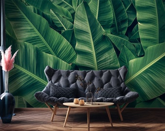 Custom Size Tropical Banana Palm Leaves Wallpaper, Peel and Stick Wallpaper, Removable wall mural, Wall Art