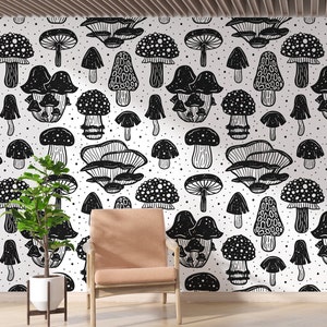 Custom Size Black and White Mushroom Peel and Stick Wallpaper | Wall Mural | Removable and Temporary, Self Adhesive or Pasted