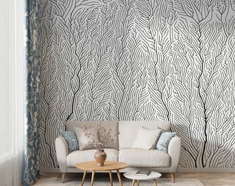 Abstract Line Art Wallpaper, Nature Inspired Wall Mural with Flowing Organic Patterns for Modern Home and Office Interiors