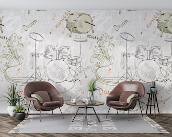 Large Music Instruments Wall Mural | Beige Neutral Musical Notes Wallpaper | Sketch Style Orchestra Wall Art for Studio Décor, Self Adhesive