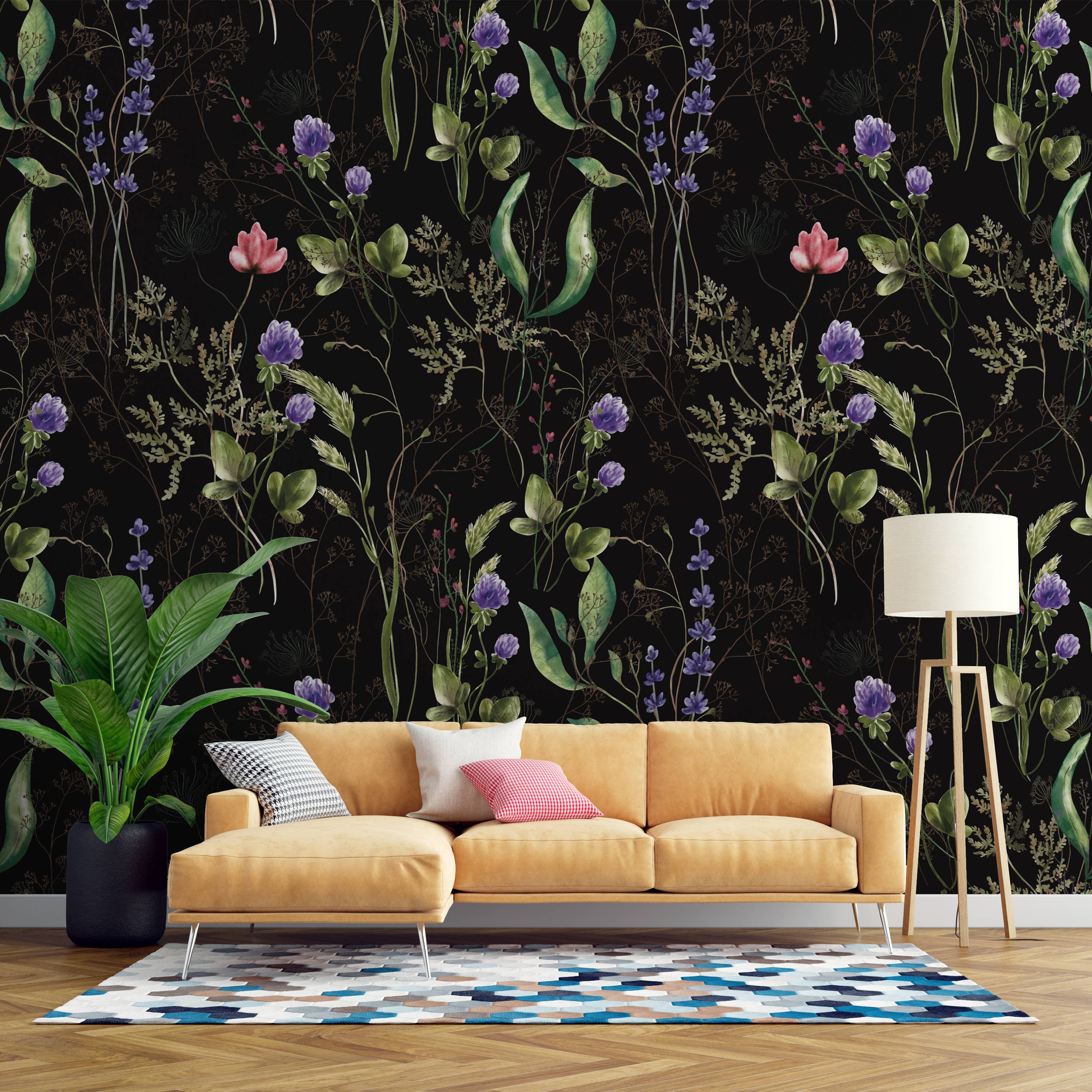 Custom Size Peel and Stick Dark Flowers Wallpaper, Removable Wallpaper ...