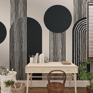 Modern Black Geometric Wall Mural – Abstract Circle and Arch Line Art ...