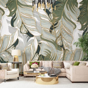 Nordic hand-painted tropical plants leaves lines light luxury Wallpaper, Peel and Stick Wallpaper, Removable Wall mural, Wall Art