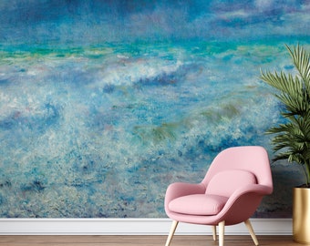 Blue Ocean Wallpaper Hand-Drawn | Pattern Wall Mural | Peel and Stick Self Adhesive or Pasted | Removable Wallpaper | Custom Size