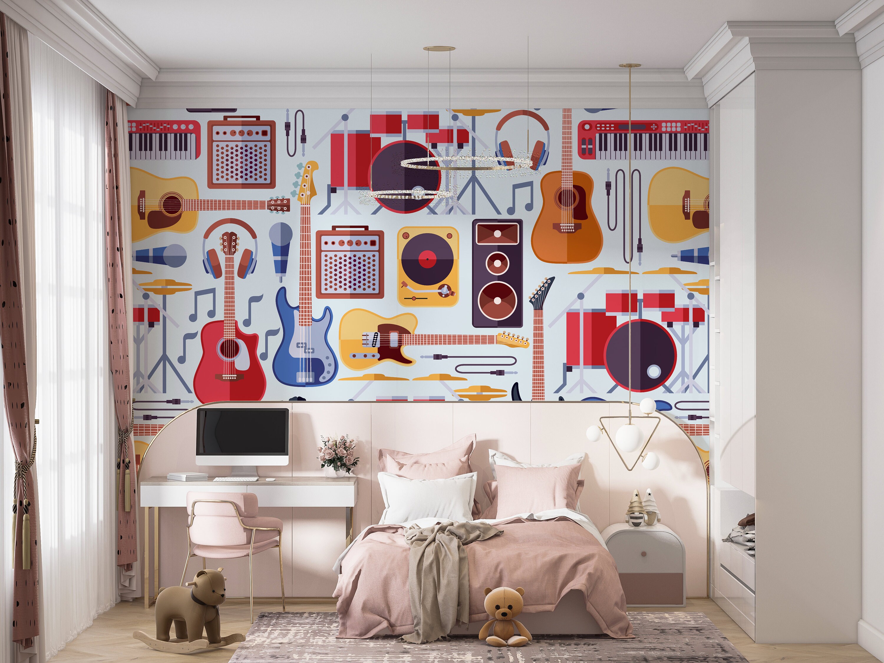 Musical Instruments Pattern Wallpaper, Peel and Stick Teen Room Mural ...