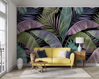 Tropical Banana Leaf Wallpaper, Vintage Purple and Green Jungle Mural, Dark Botanical Peel and Stick, Exotic Rainforest Home Decor Art