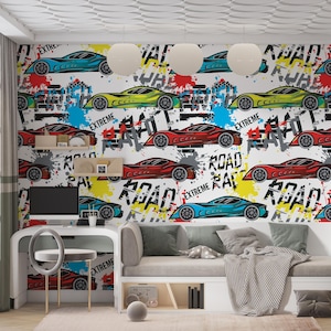 Colorful Sport Car with Graffiti Text Wallpaper, Peel and Stick Self Adhesive or Pasted, Children&#39;s Room Wallpaper, Removable Mural