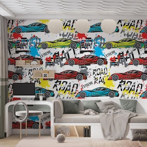 Colorful Sport Car with Graffiti Text Wallpaper, Peel and Stick Self Adhesive or Pasted, Children's Room Wallpaper, Removable Mural