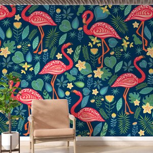 Flamingos and Leaves Wallpaper, Peel and Stick Tropical Wallpaper, Wallpaper Mural, Nursery Wallpaper, Birds and Flowers Wallpaper