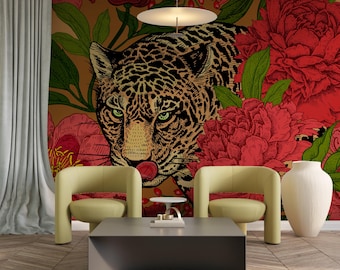 Maximalist Leopard Wallpaper, Vintage Red Peony Floral Mural, Eclectic Tropical Jungle Peel and Stick, Bold Exotic Animal Home Decor Print