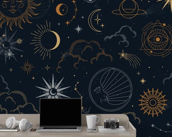 Constellations, Sun, Moon, Magic Eyes and Stars Wall Mural, Peel and Stick Wallpaper | Removable, Self Adhesive or Pasted