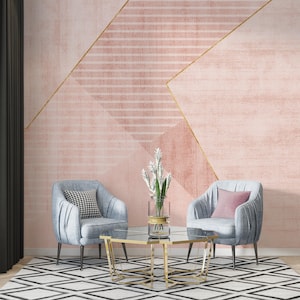Minimalist Abstract Wall Mural in Blush and Rose Tones – Soft Geometric Shapes with Gold Detailing for Elegant Contemporary Interiors