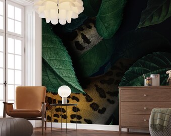 Dark Jungle Leopard Wall Mural, Cheetah Print Hidden in Green Leaves Wallpaper, Moody Tropical Peel and Stick, Exotic Animal Wall Decor