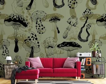 Mushroom Pattern Peel and Stick Wallpaper | Wall Mural | Removable and Temporary, Self Adhesive or Pasted