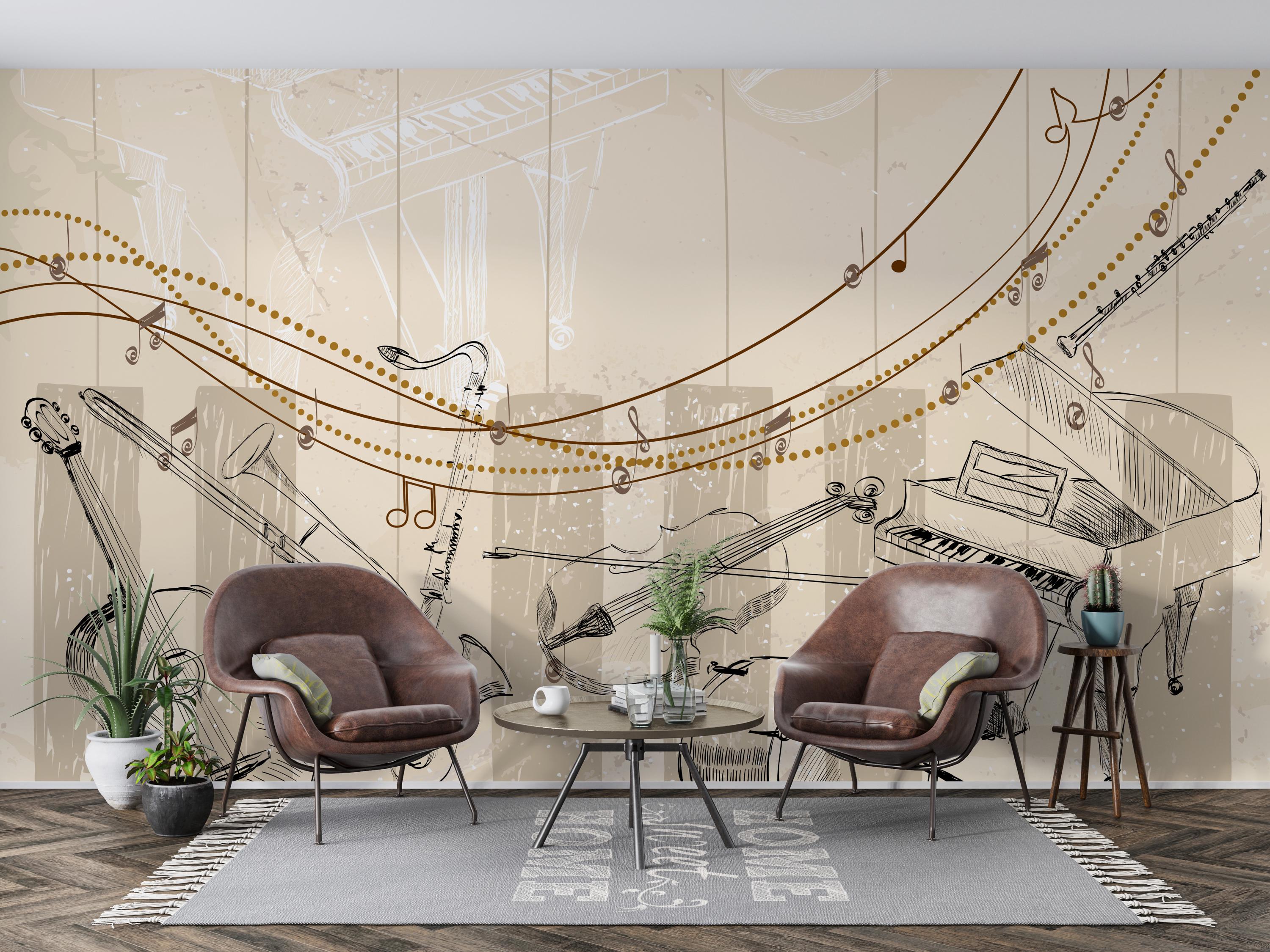 Large Music Instruments Wall Mural | Beige Neutral Musical Notes ...
