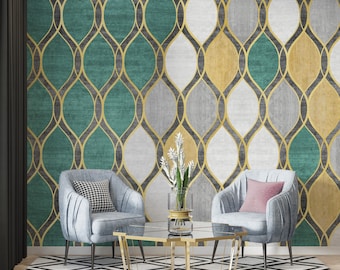 Art Deco Geometric Wallpaper, Teal Gold Grey Ogee Pattern, Modern Peel and Stick Wall Mural, Luxury Wavy Line Abstract Home Decor