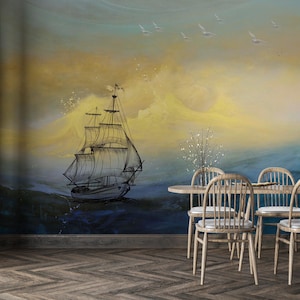 Vintage Sailing Ship Wall Mural – Ocean Waves & Golden Sky – Nautical Adventure Wallpaper – Peel and Stick or Traditional Wallpaper