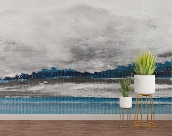 Textured Blue Grey Landscape Wall Mural, Abstract Ocean Peel and Stick Wallpaper, Coastal Beach House Removable Wall Decor