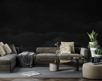 Dark Black Wall Mural with Shadowy Mountain Texture – Mysterious Abstract Landscape Wallpaper – Modern Statement Piece in Custom Sizes