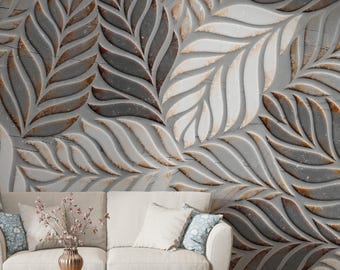 Faux Stone Tile Wallpaper, Embossed Leaf Pattern Mural, Grey and White Tones, Abstract Botanical Peel and Stick Wall Decor for Home