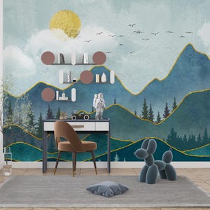 Watercolor Mountain Wall Mural, Abstract Geometric Peaks and Forest Scene, Nature-Inspired Landscape Wallpaper, Boho Rustic Home Decor