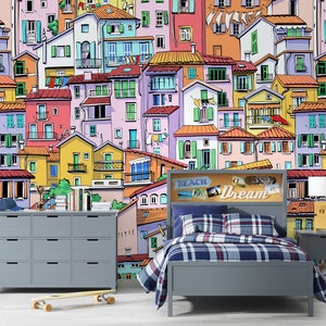 Colorful Town Pattern Wallpaper, Peel and Stick Self Adhesive or Pasted, Teen Room Wallpaper, Removable City Mural