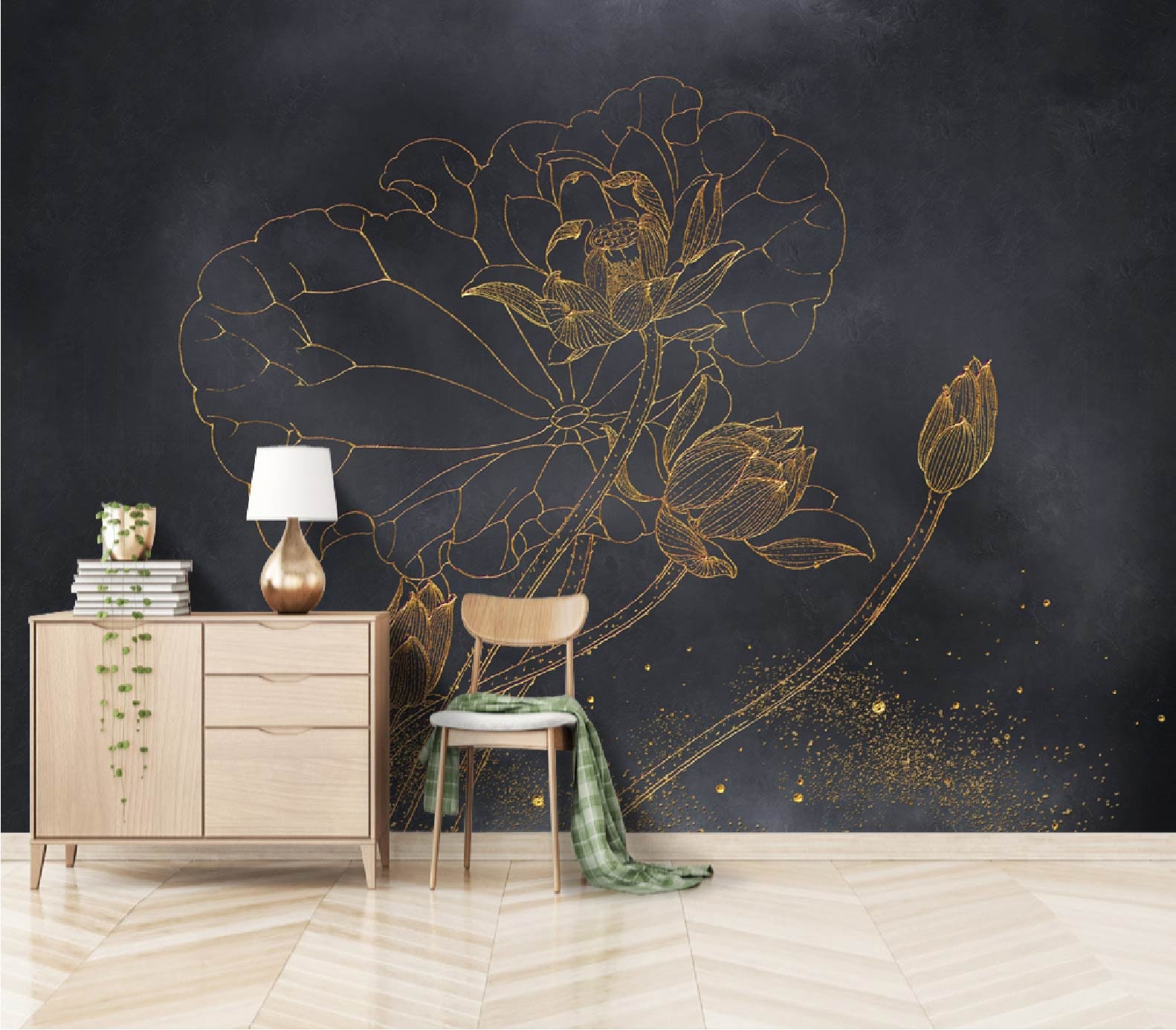 Gold Lotus Wallpaper, Peel and Stick Wallpaper, Removable Wallpaper ...