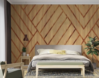 Rustic Geometric Wood Wall Mural, Peel and Stick Wood Wallpaper, Custom Size Wallpaper for Contemporary and Traditional Spaces