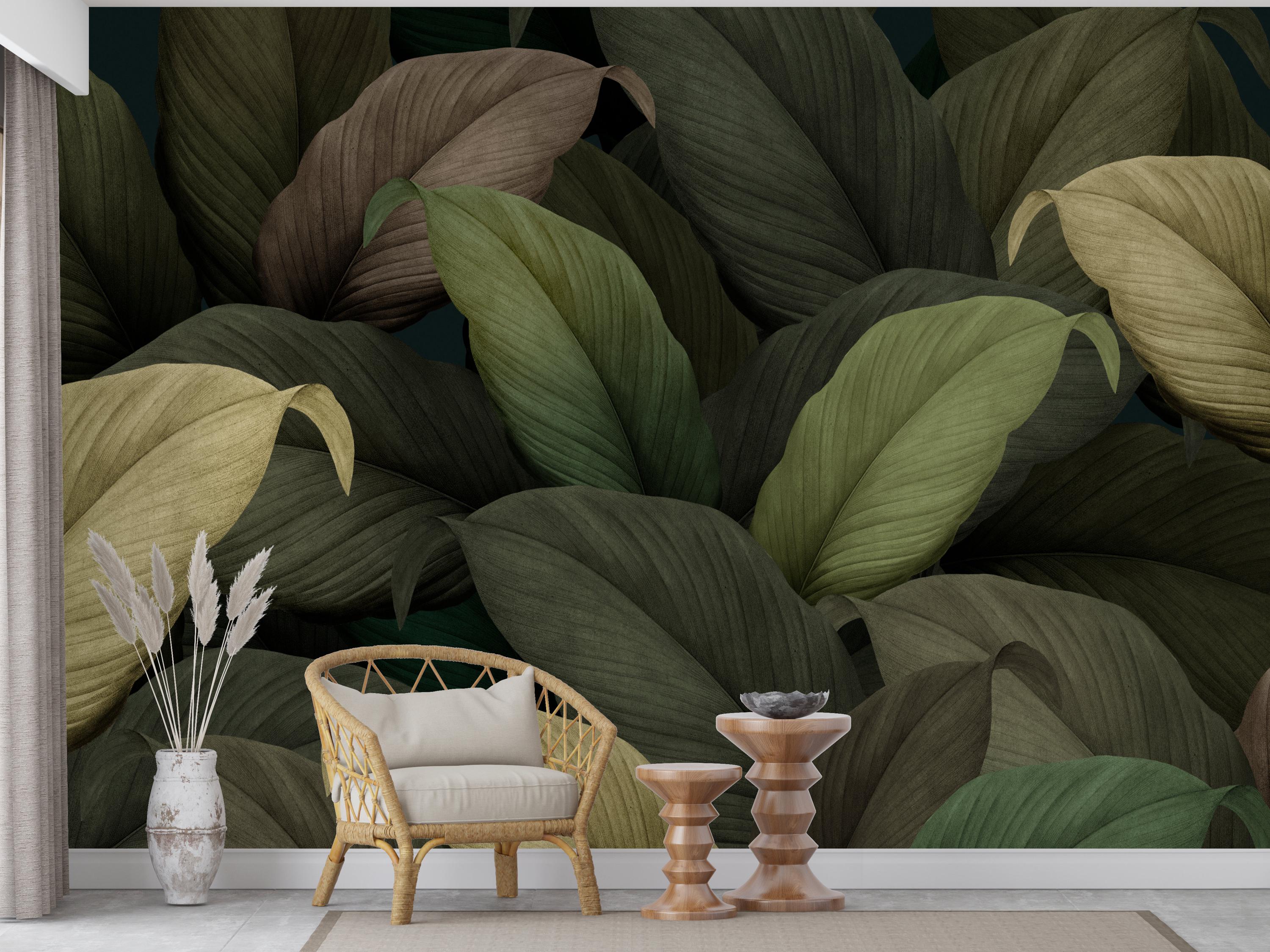 Dark Green Tropical Leaf Wallpaper Mural, Large Botanical Wall Art ...