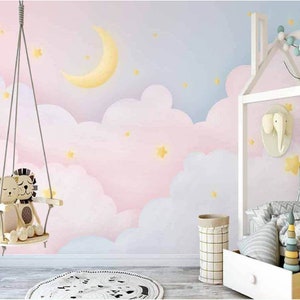 Custom Size Pink Starry Clouds and Moon Children's Room Wallpaper, Peel and Stick Wallpaper, Nursery Wallpaper, Kid’s Room Wallpaper