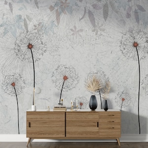 Dandelions and Leaves in Gray Background Wall Mural, Peel and Stick Wallpaper | Removable, Self Adhesive or Pasted, Grunge Background