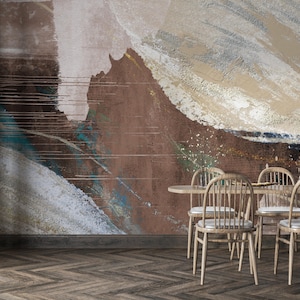 Earth Tone Abstract Wall Mural with Textured Brush Strokes in Beige, Teal, and Brown – Modern Accent Art for Living Room or Office