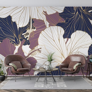 Elegant Navy Mauve and Cream Floral Wallpaper – Gold Line Art Botanical Mural for Bedroom, Living Room or Luxury Accent Wall