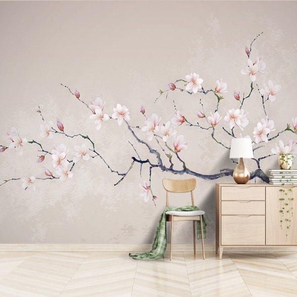 Magnolia Flowers Hand Painted Wallpaper, Peel and Stick Wallpaper, Floral Wallpaper, Flower Wallpaper, Magnolia Flower Wallpaper, Wall Mural