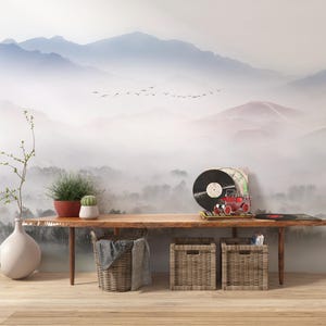Serene Valley Mist Peel & Stick Wallpaper Mural, Calming Foggy Mountain Landscape, Nature Inspired Wall Art for Peaceful Home Decor