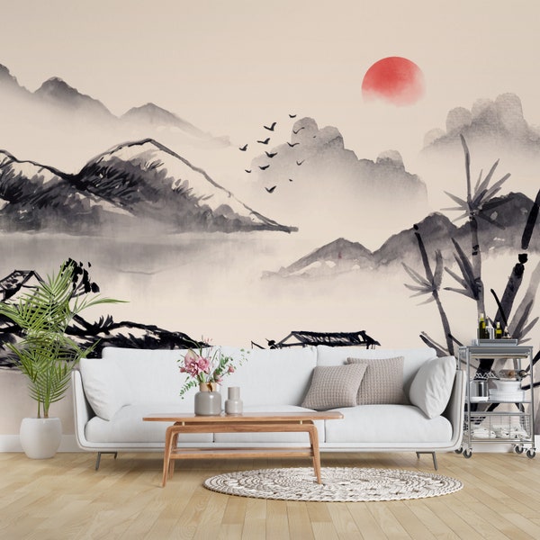 Chinese Watercolor Nature Background Wallpaper, Wall Mural | Peel and Stick Removable Watercolor Wallpaper, Self Adhesive or Pasted