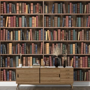 Vintage Library Wall Mural | Wall Mural | Removable and Temporary, Peel and Stick Bookshelf Wallpaper