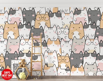 Cat Wallpaper | Wall Mural | Peel and Stick Cat Wallpaper, Removable Wallpaper, Nursery Boy Girl Wallpaper, Cat Mural, Nursery Cat Wallpaper