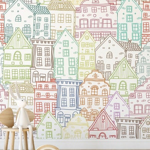 Colorful Cute Cottage Houses Pattern Nursery Wallpaper, Peel and Stick Self Adhesive or Pasted, Children&#39;s Room Wallpaper, Removable Mural