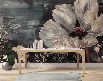 Indigo Blue Floral Wallpaper, Watercolor Hibiscus Mural, White Line Art Botanical Peel and Stick, Modern Moody Bedroom Home Decor Art