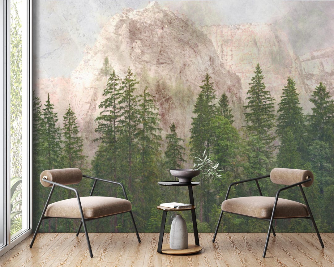Misty Forest Wall Mural With Rock Face and Tall Pines – Serene Natural ...